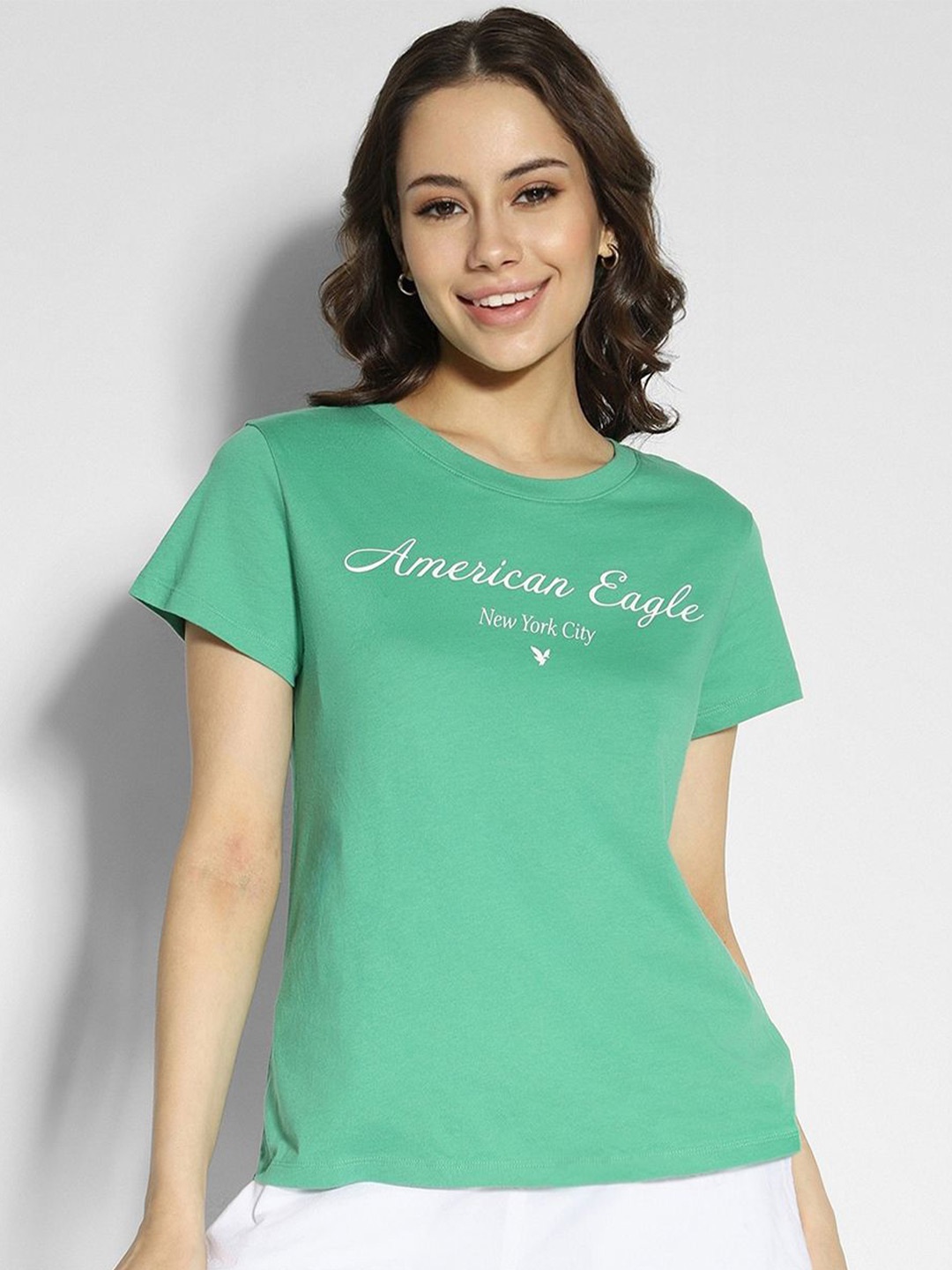 

AMERICAN EAGLE OUTFITTERS Women Typography Printed Round Neck Cotton T-shirt, Green