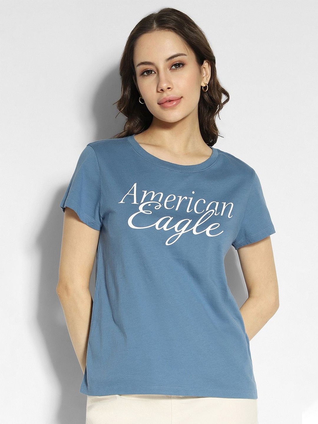 

AMERICAN EAGLE OUTFITTERS Women Typography Printed Round Neck Cotton T-shirt, Blue
