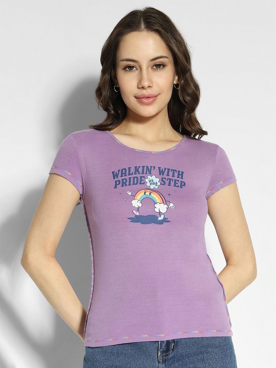 

AMERICAN EAGLE OUTFITTERS Women Typography Printed Round Neck Cotton Slim Fit T-shirt, Purple