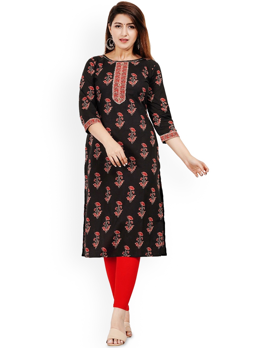 

ao services Ethnic Motifs Printed Gotta Patti Three-Quarter Sleeves Straight Kurta, Black