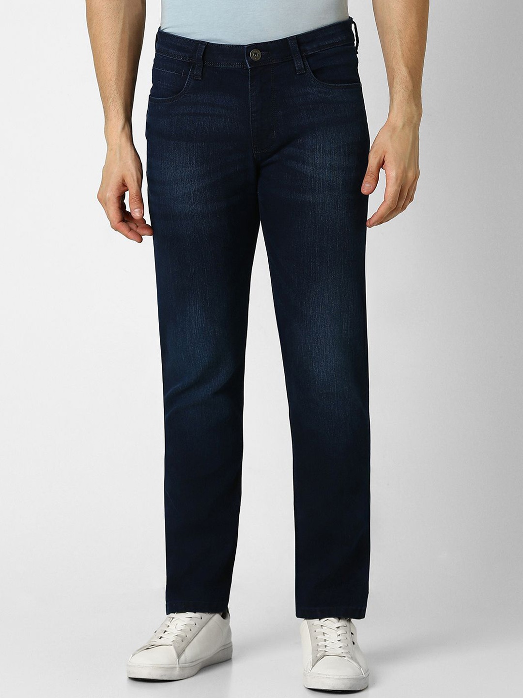 

V Dot Men Slim Fit Mid-Rise Clean Look Light Fade Jeans, Navy blue