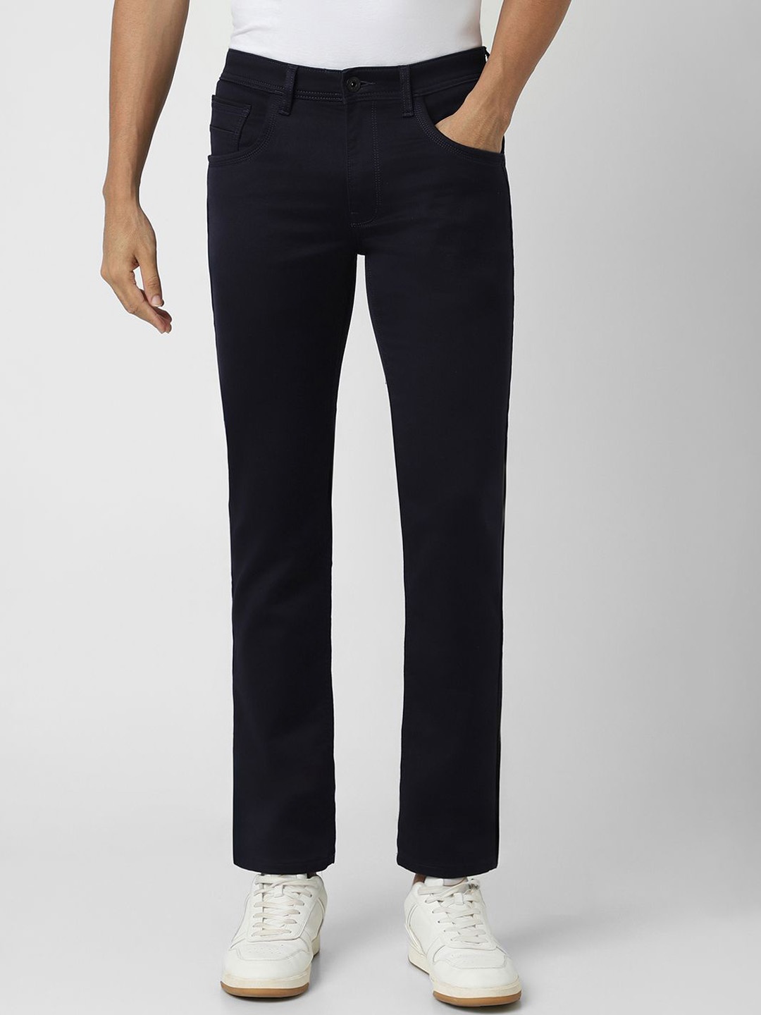 

V Dot Men Slim Fit Mid-Rise Clean Look Dark Wash No Fade Jeans, Navy blue