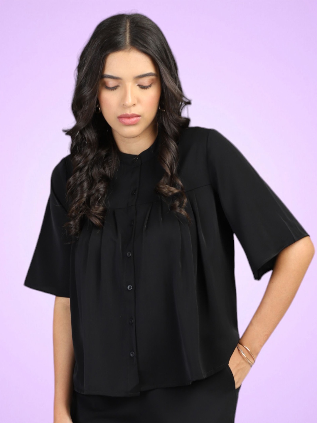 

FITHUB Women Band Collar Opaque Casual Shirt, Black