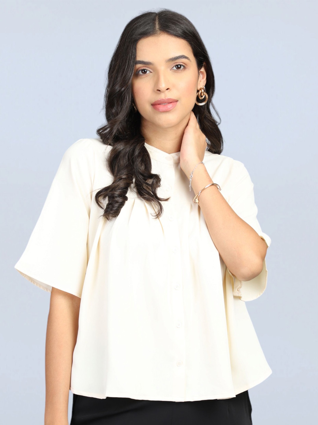 

FITHUB Women Band Collar Opaque Casual Shirt, Cream