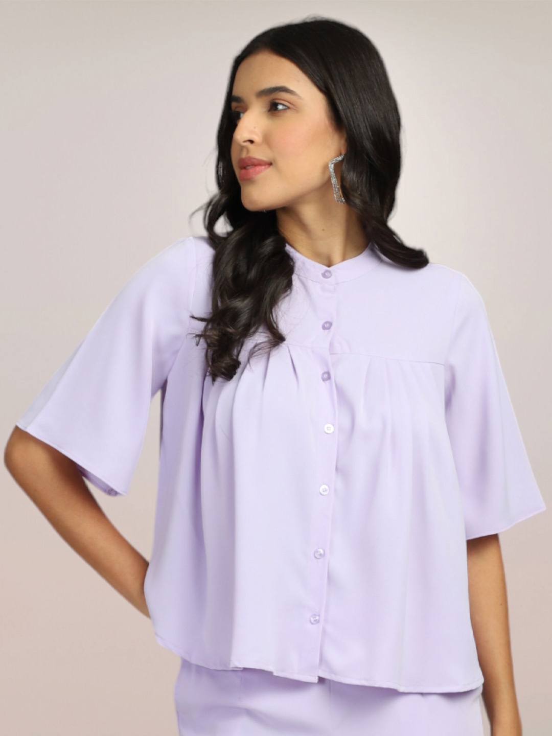 

FITHUB Women Band Collar Opaque Casual Shirt, Lavender