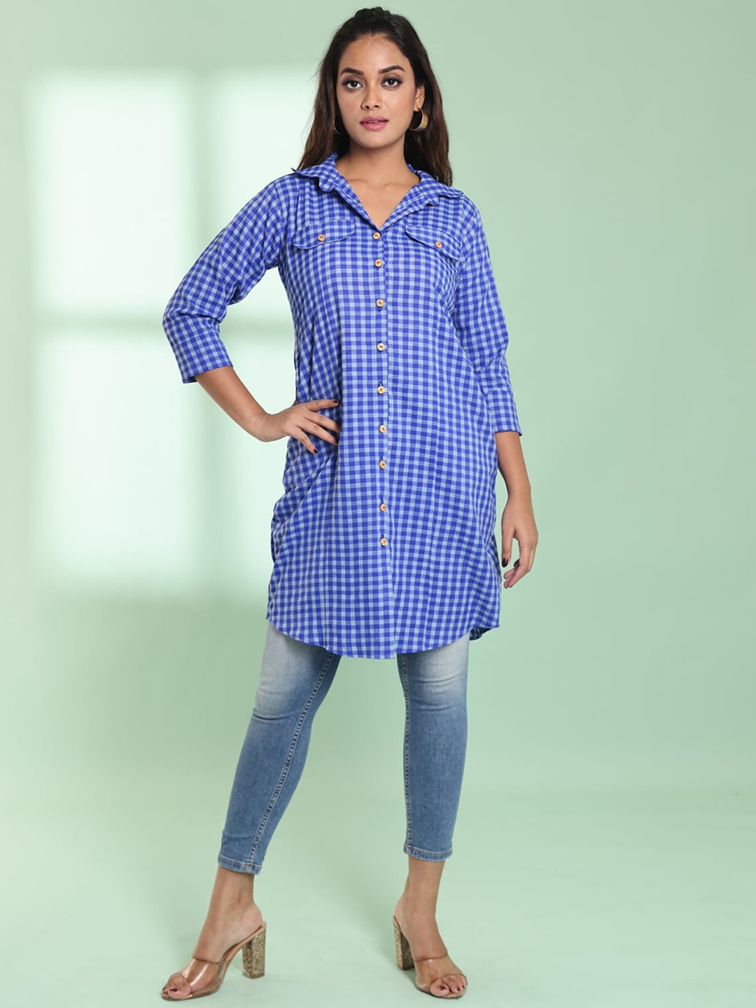

Charukriti Checked Shirt Collar Cotton Pathani Kurta, Blue