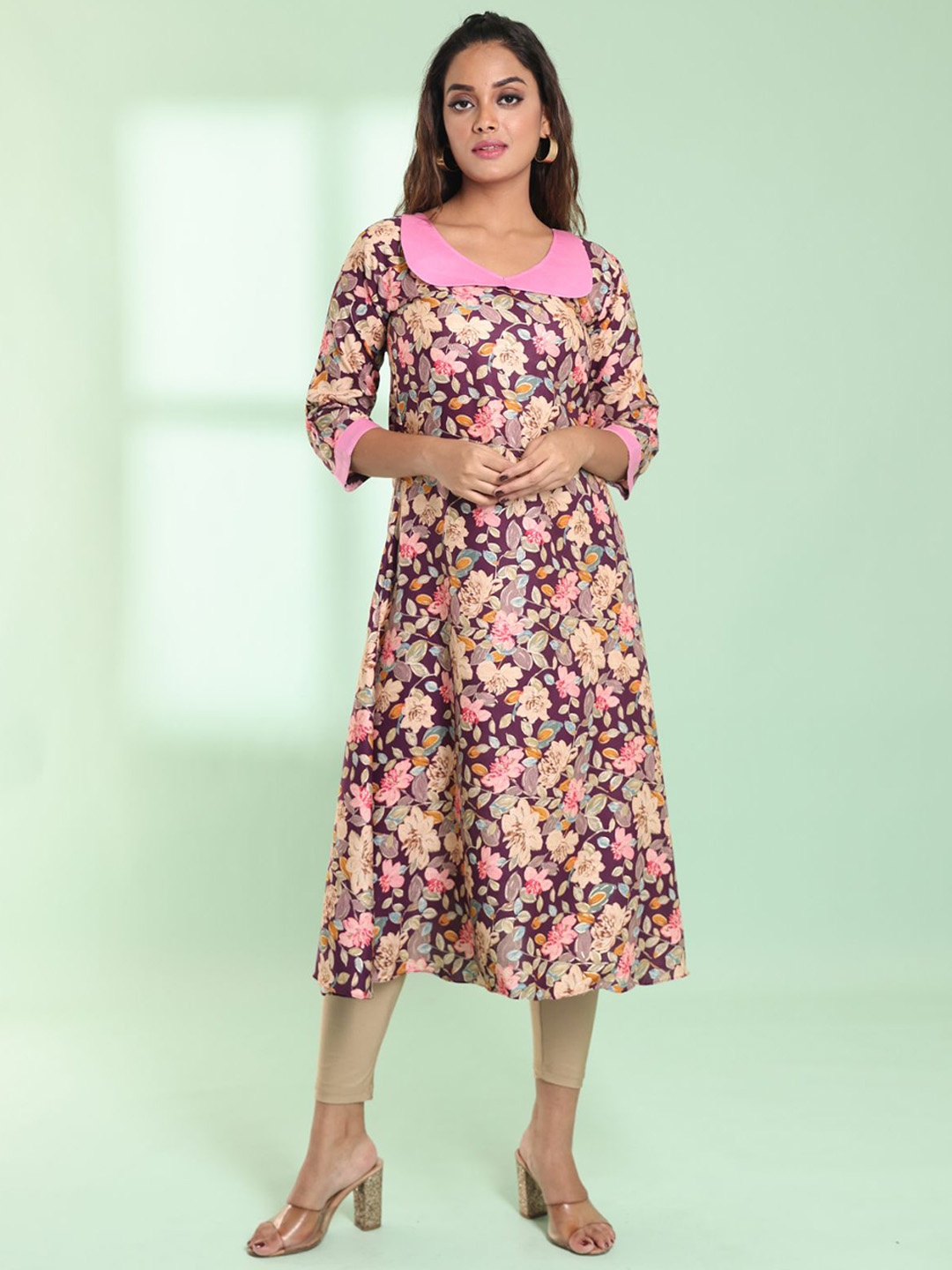 

Charukriti Floral Printed Peter Pan Collar Three-Quarter Sleeves A-Line Kurta, Purple