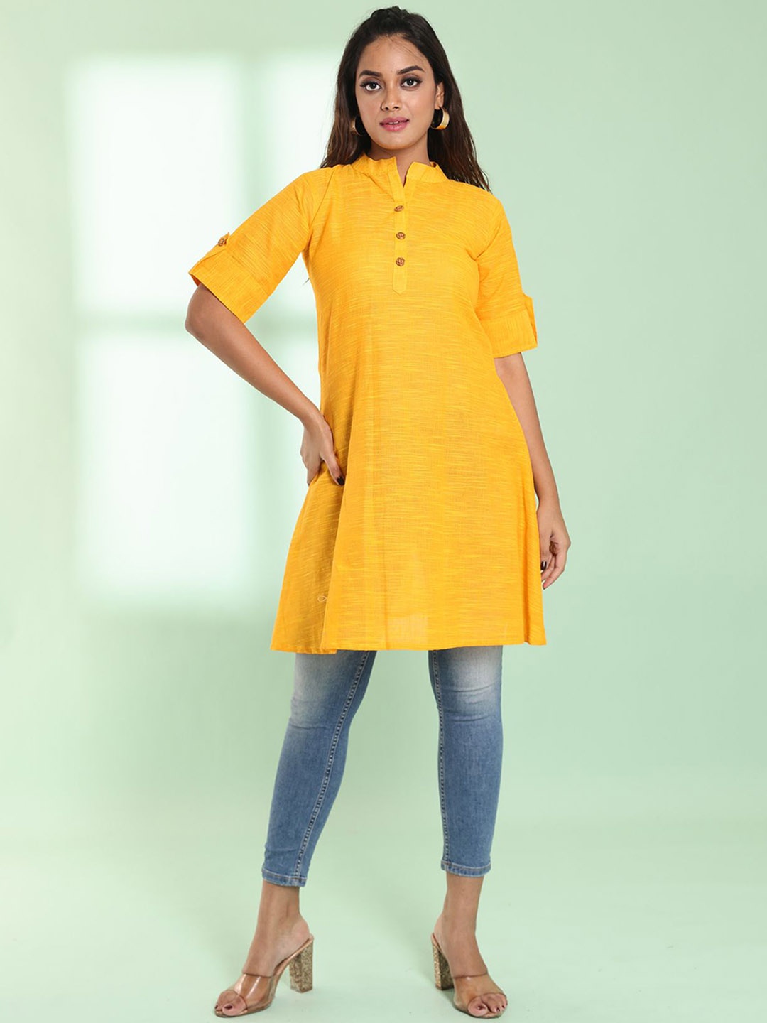 

Charukriti Self Design Mandarin Collar Roll-Up Sleeves A-Line Kurta, Yellow