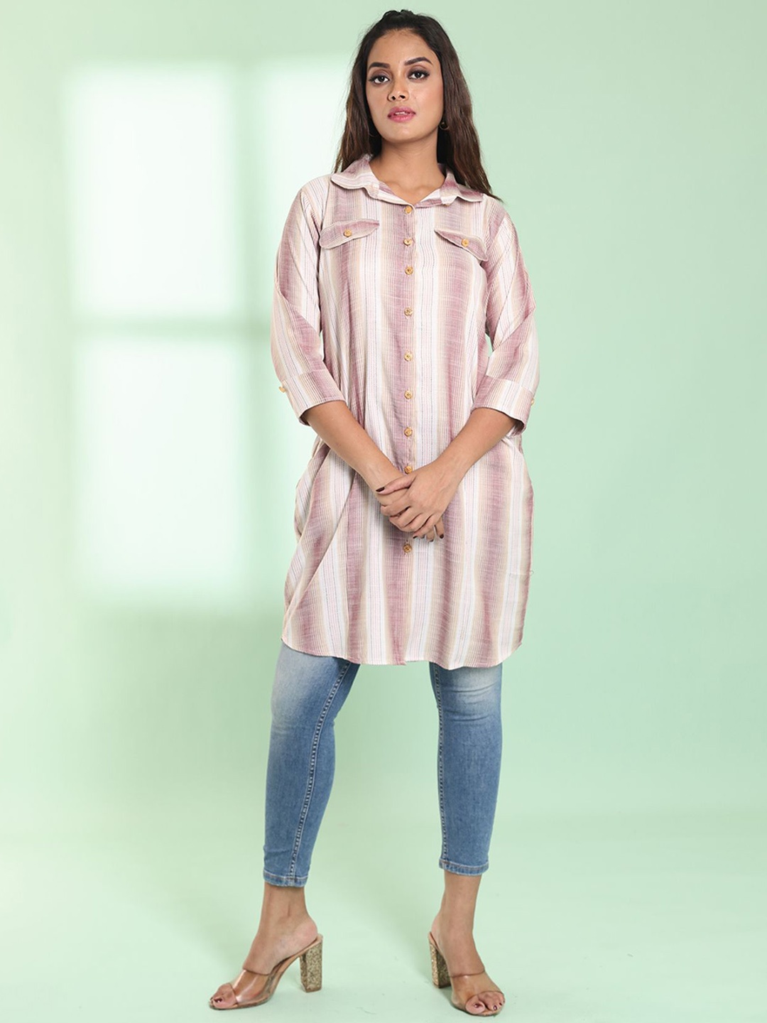 

Charukriti Striped Woven Design Shirt Collar Cotton Pathani Kurta, Off white