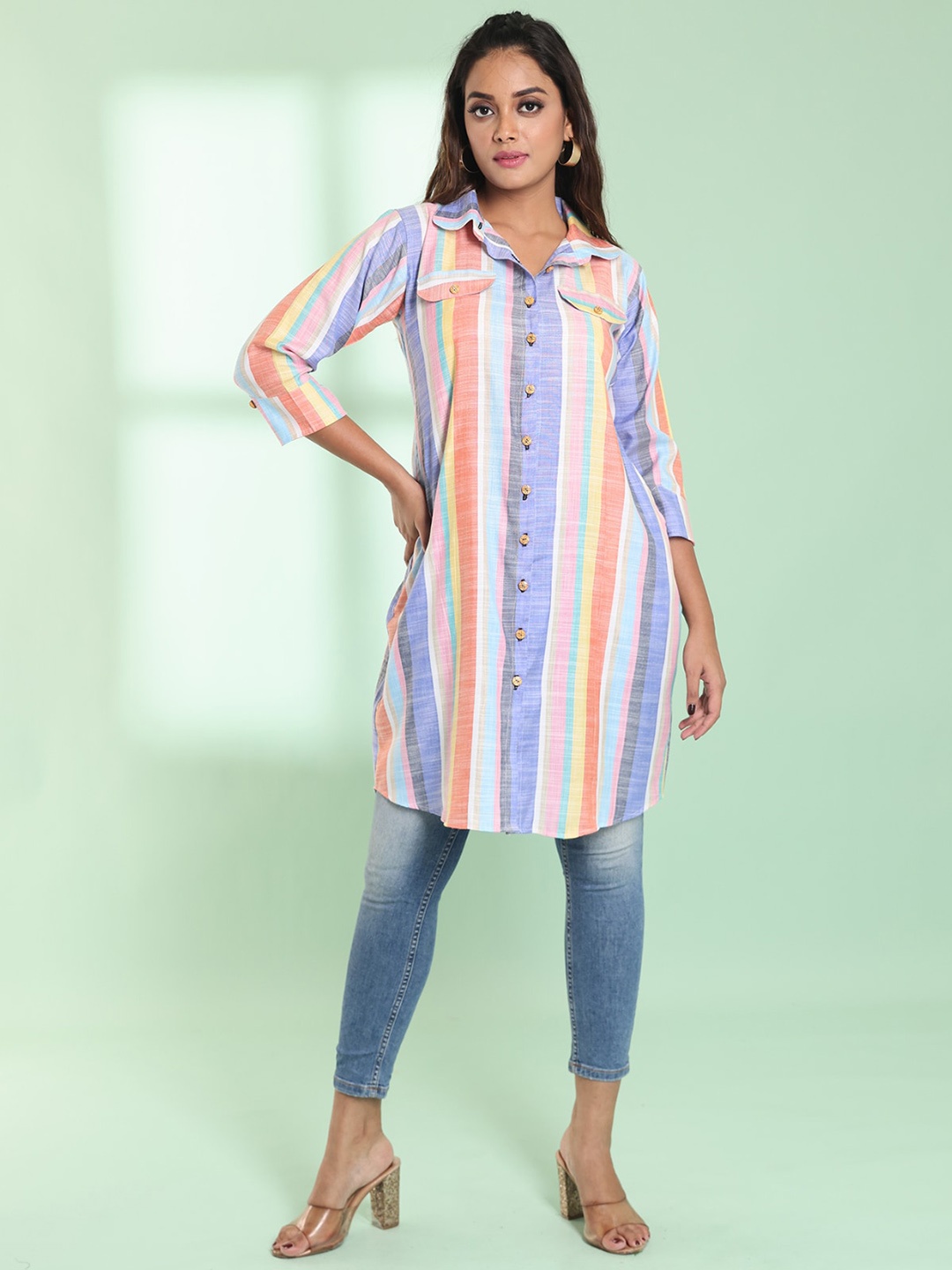 

Charukriti Striped Woven Design Shirt Collar Roll-Up Sleeves Pathani Kurta, Purple