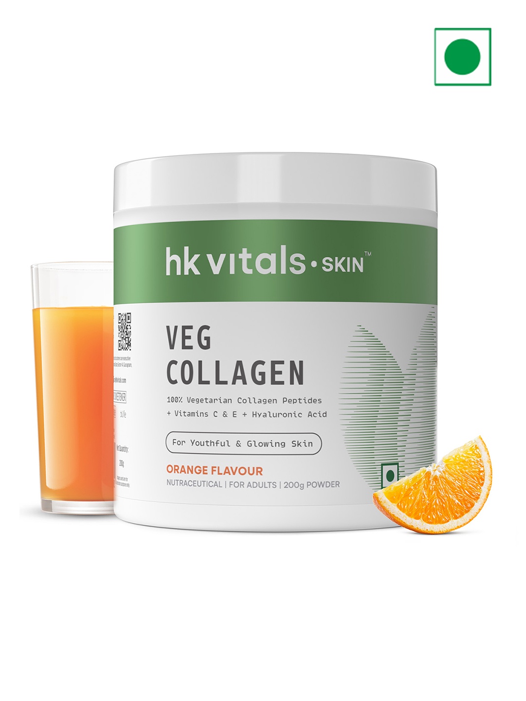 

HK VITALS Orange Flavored Skin Radiance Veg Collagen Powder with Vitamin C & E - 200 g, Green