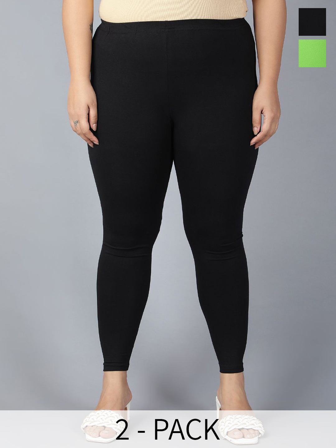 

Pack Of 2 Plus Size Knitted Churidar-Length Leggings, Black