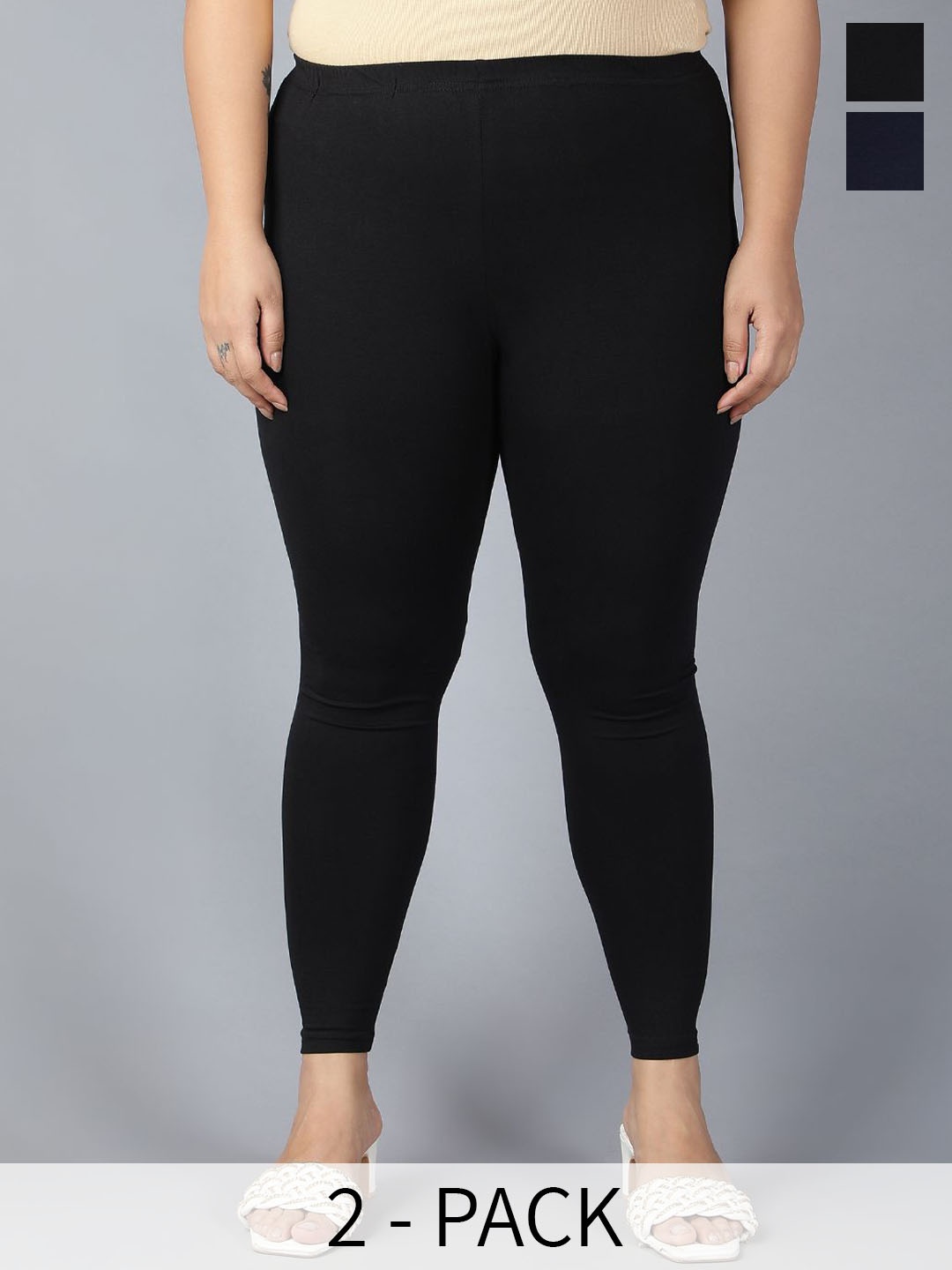 

Plus Size Pack Of 2 4 Way Stretch Ankle-Length Plus Size Leggings, Black