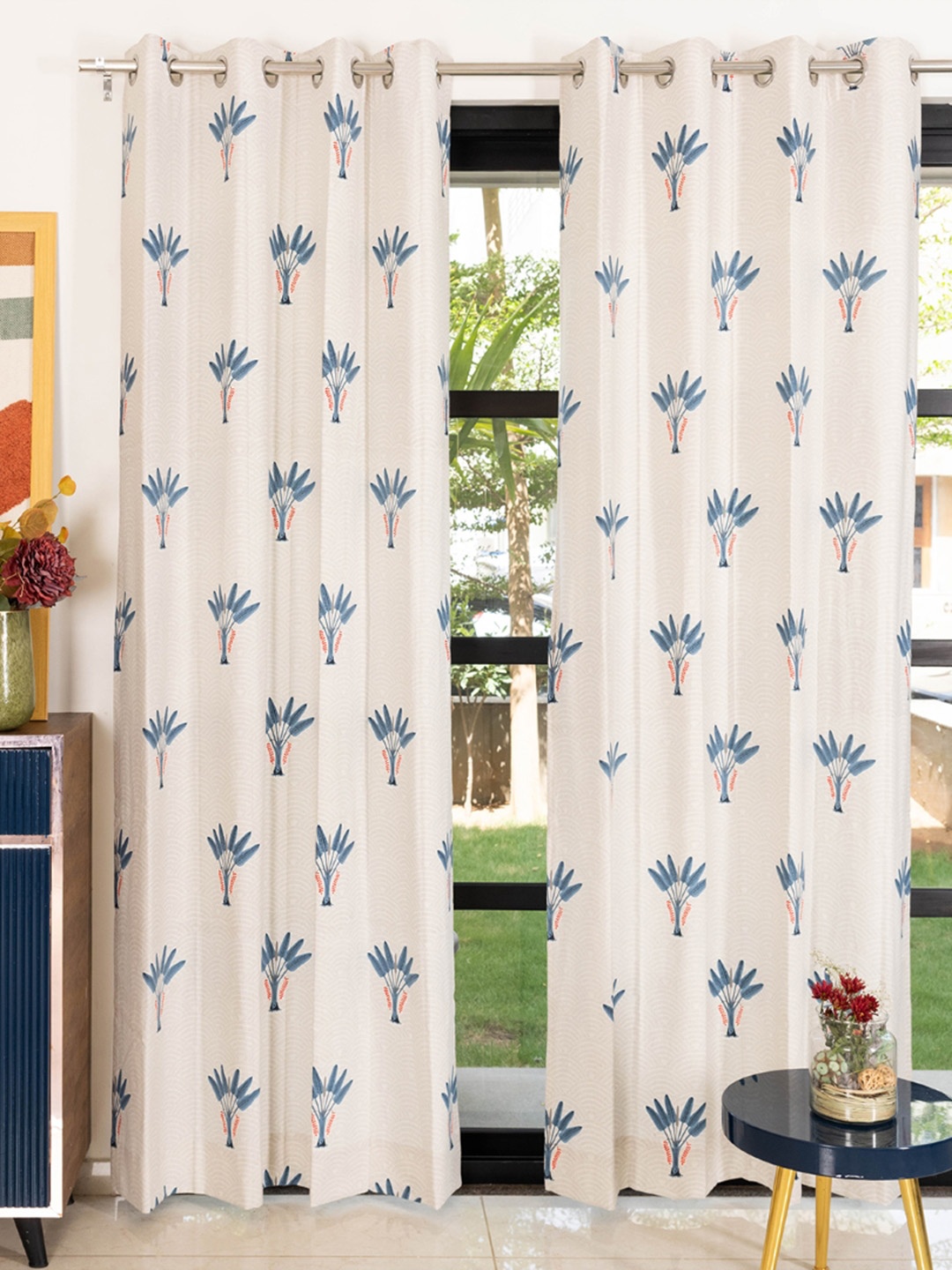 

URBAN SPACE Off White & Blue 2 Pieces Floral Printed Pure Cotton Window Curtains