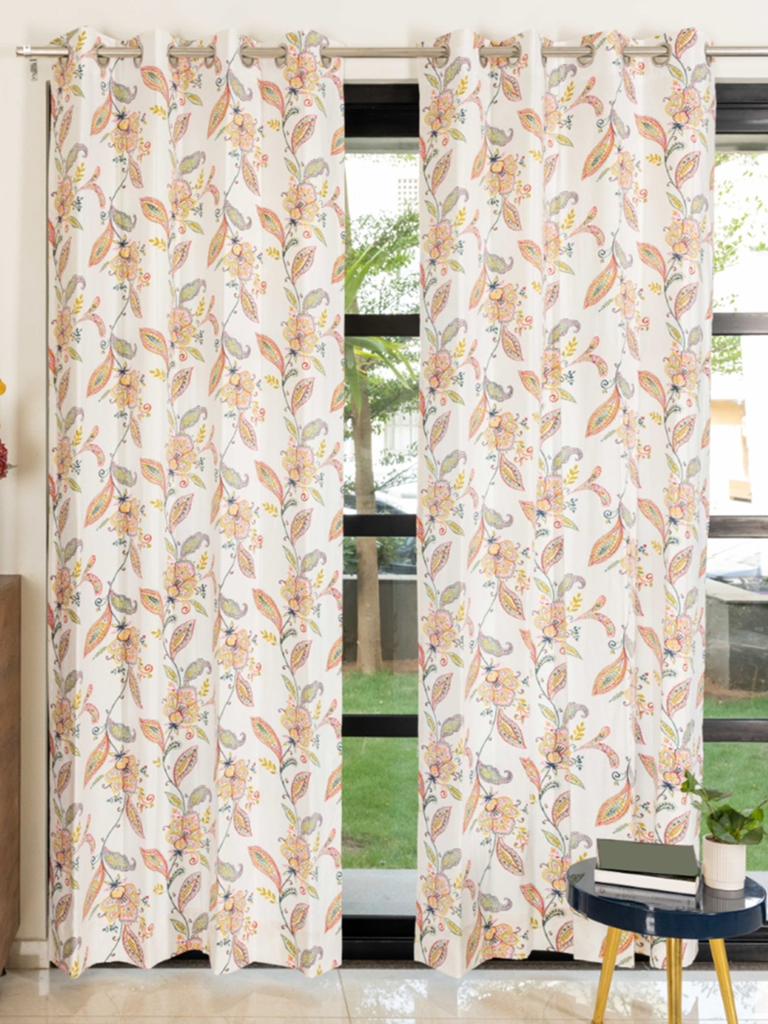 

URBAN SPACE Pink & White 2 Pieces Floral Printed Pure Cotton Window Curtains