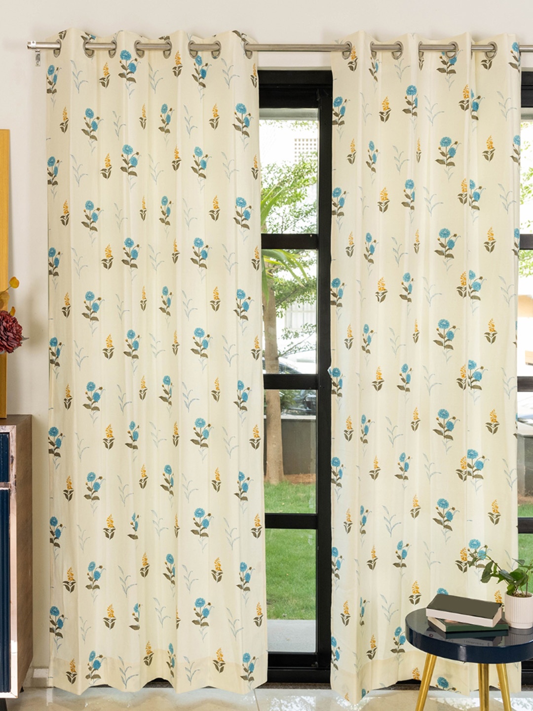 

URBAN SPACE White & Blue 2 Pieces Floral Printed Pure Cotton Window Curtains