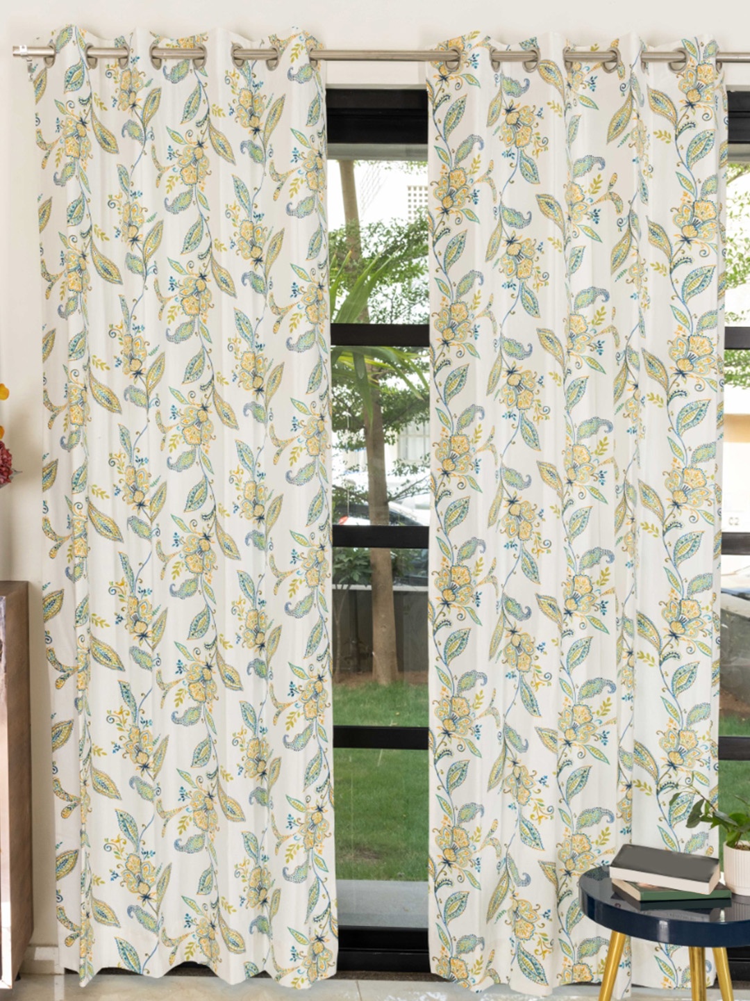 

URBAN SPACE Blue & White 2 Pieces Floral Printed Pure Cotton Window Curtains