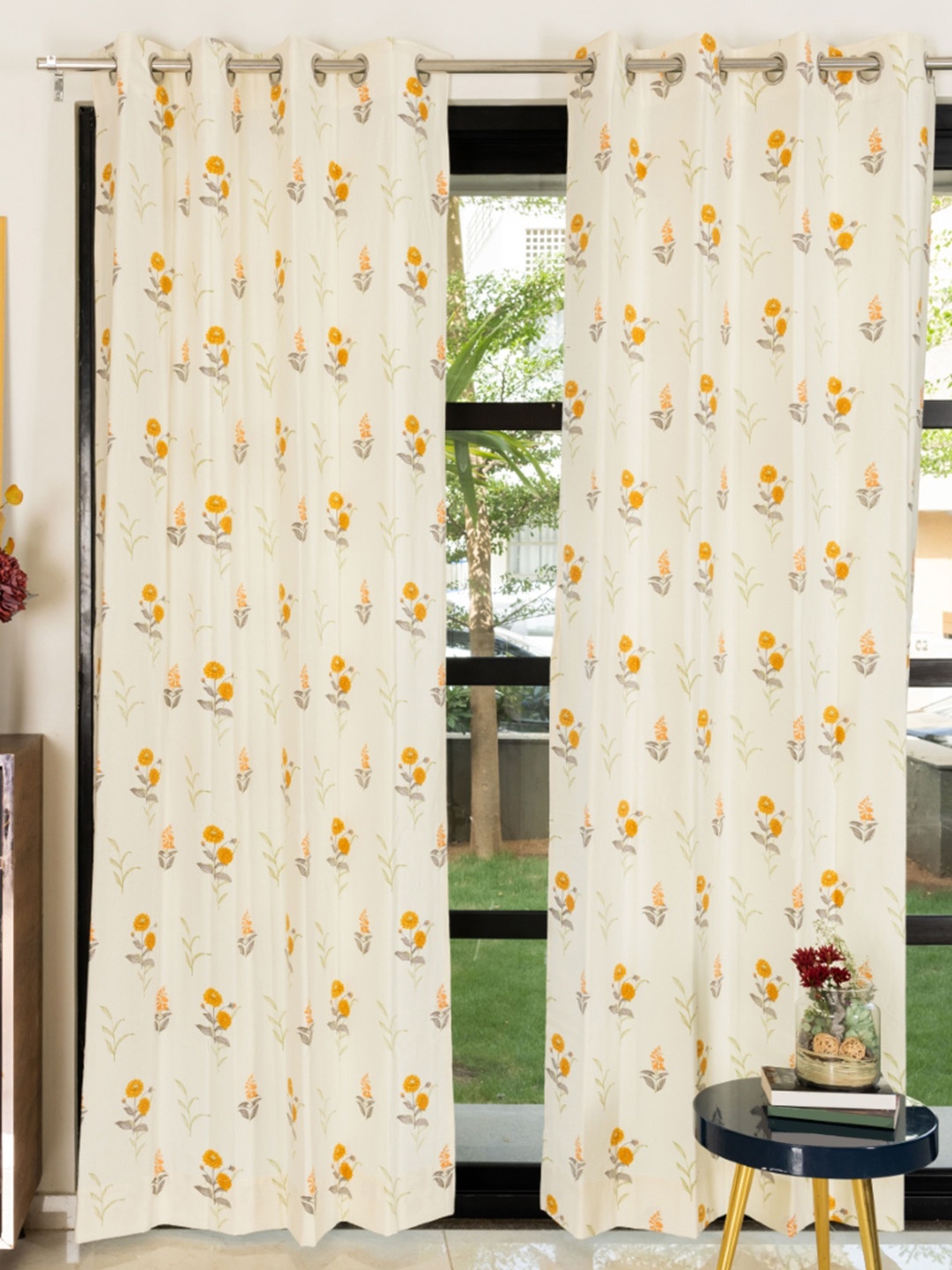 

URBAN SPACE Yellow & Grey 2 Pieces Floral Printed Pure Cotton Door Curtains