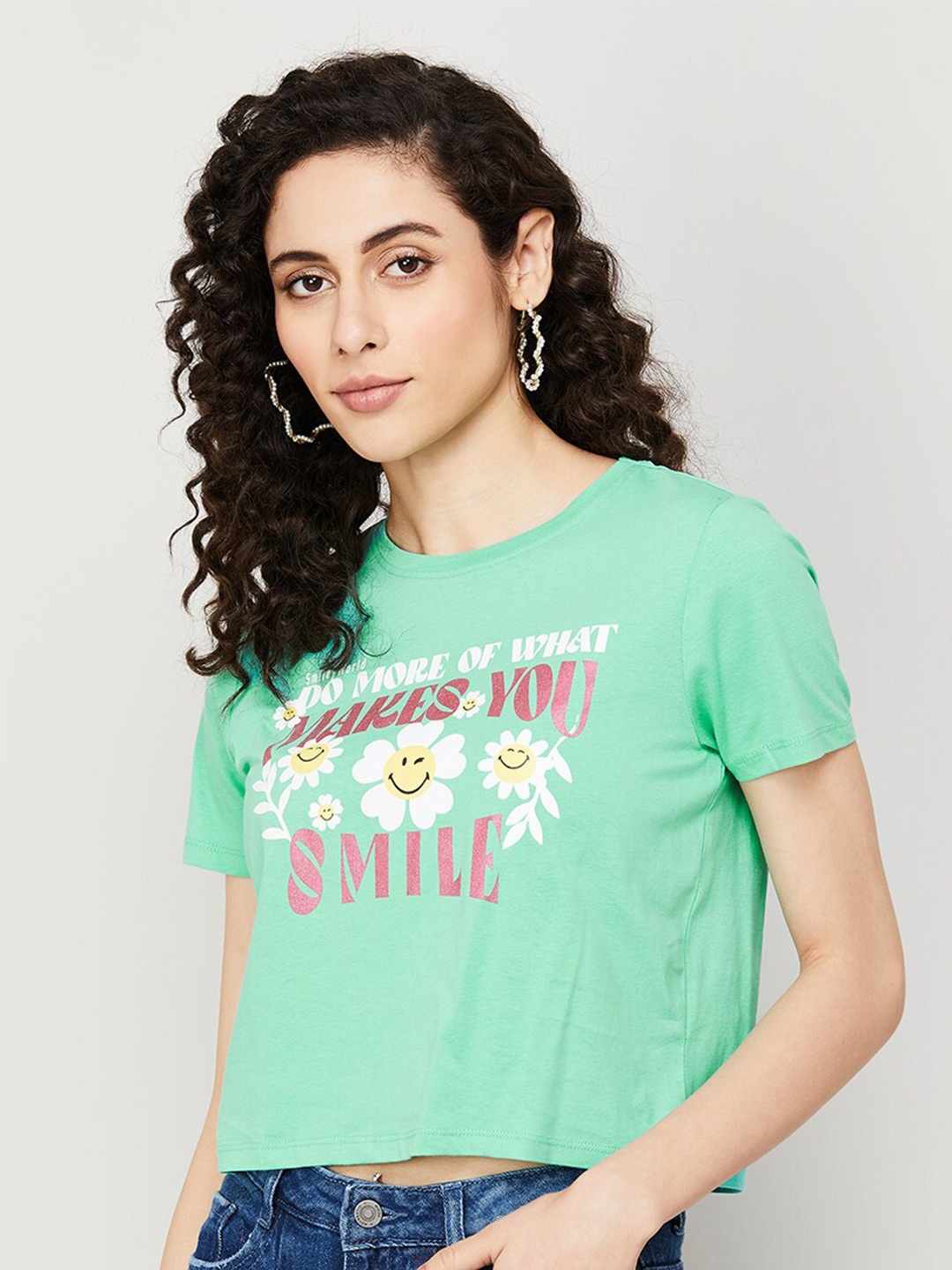 

SmileyWorld Women Round Neck Typography Printed Crop T-shirt, Green