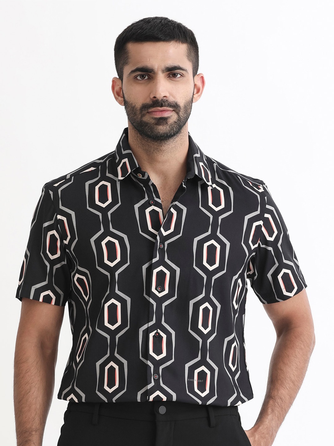 

RARE RABBIT Men Chain Boxy Graphic Printed Spread Collar Shirt, Black