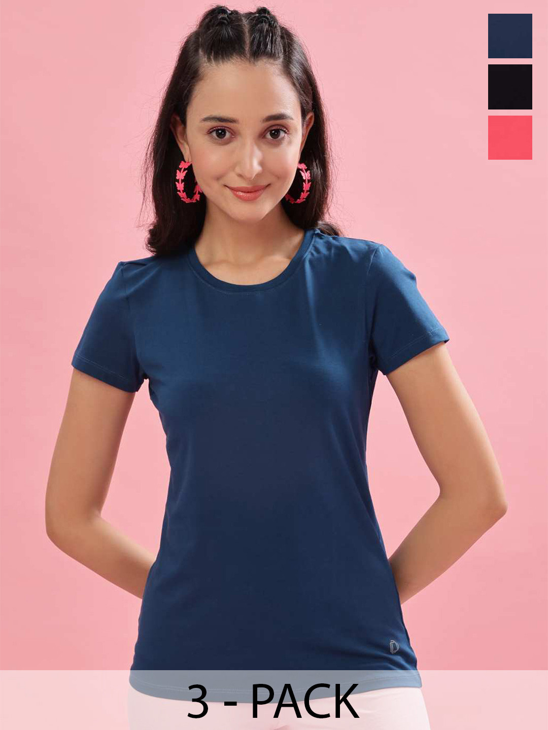 

Dollar Missy Women Pack Of 3 Round Neck Cotton Sports T-shirts, Teal
