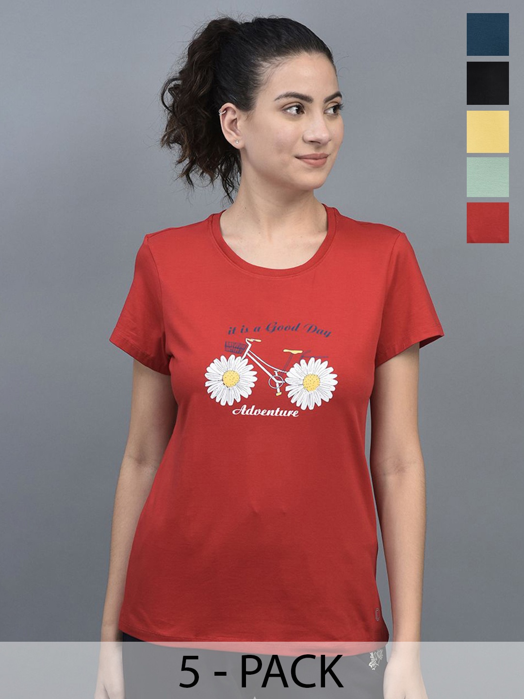 

Dollar Missy Pack Of 5 Graphic Printed T-shirt, Red