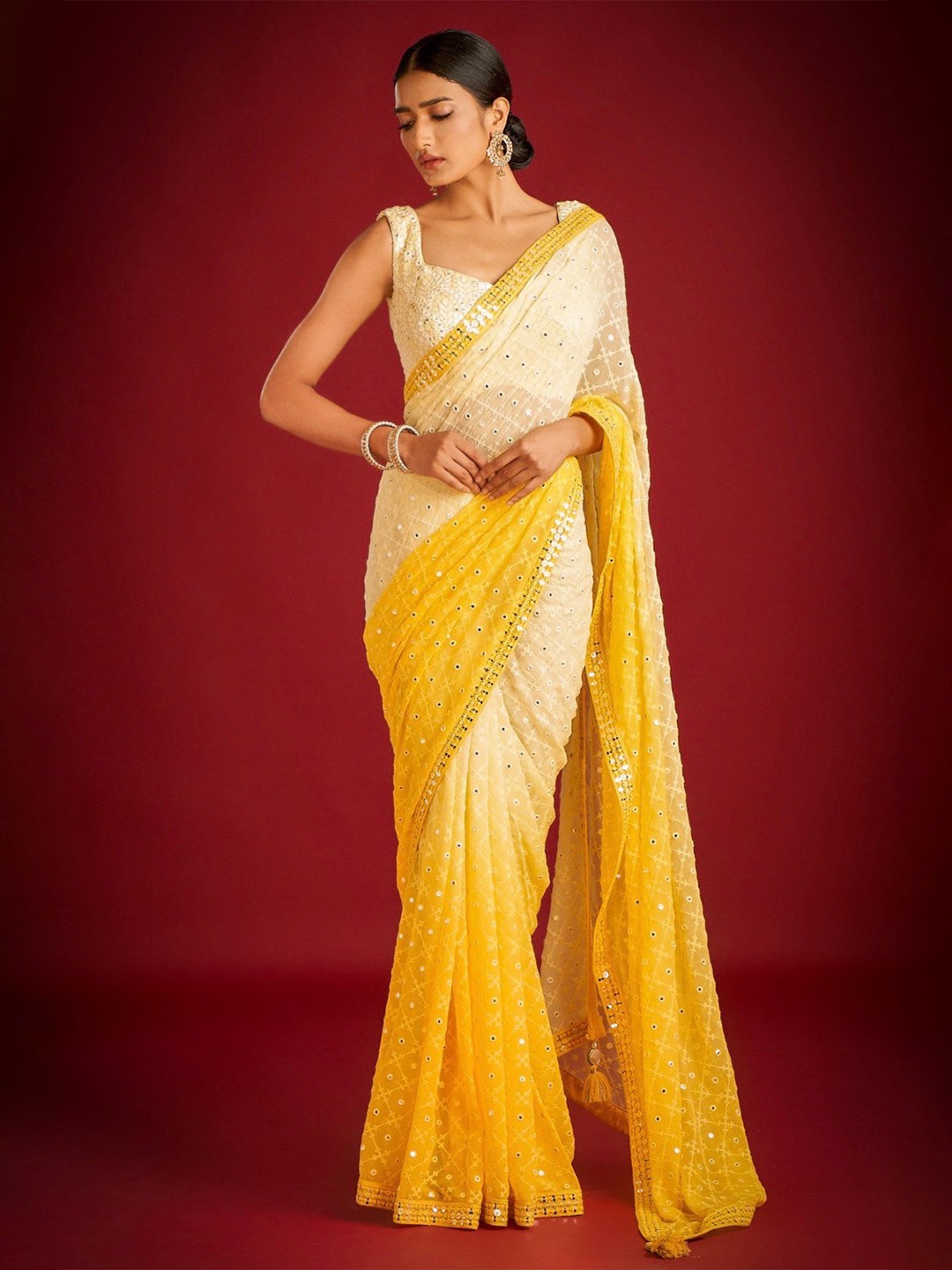 

TEEYA CREATION Embellished Sequence Work Pure Gergette Saree, Yellow