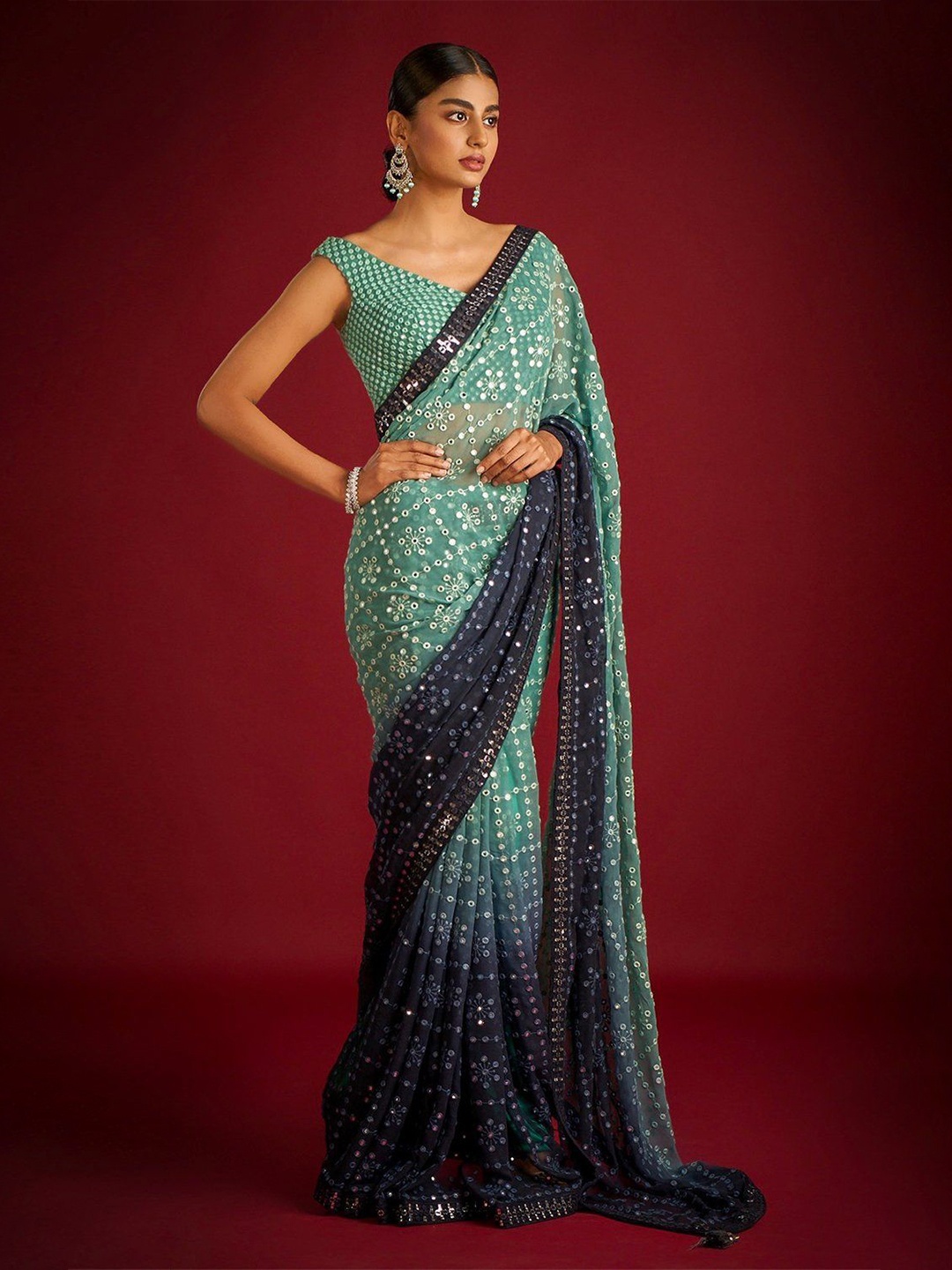 

TEEYA CREATION Pure Georgette Embellished Mirror Work Saree, Green