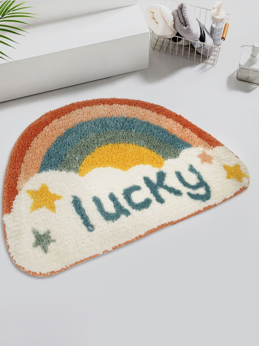 

HOSTA HOMES White & Blue Printed Cotton Fur Anti Skid Bath Rugs