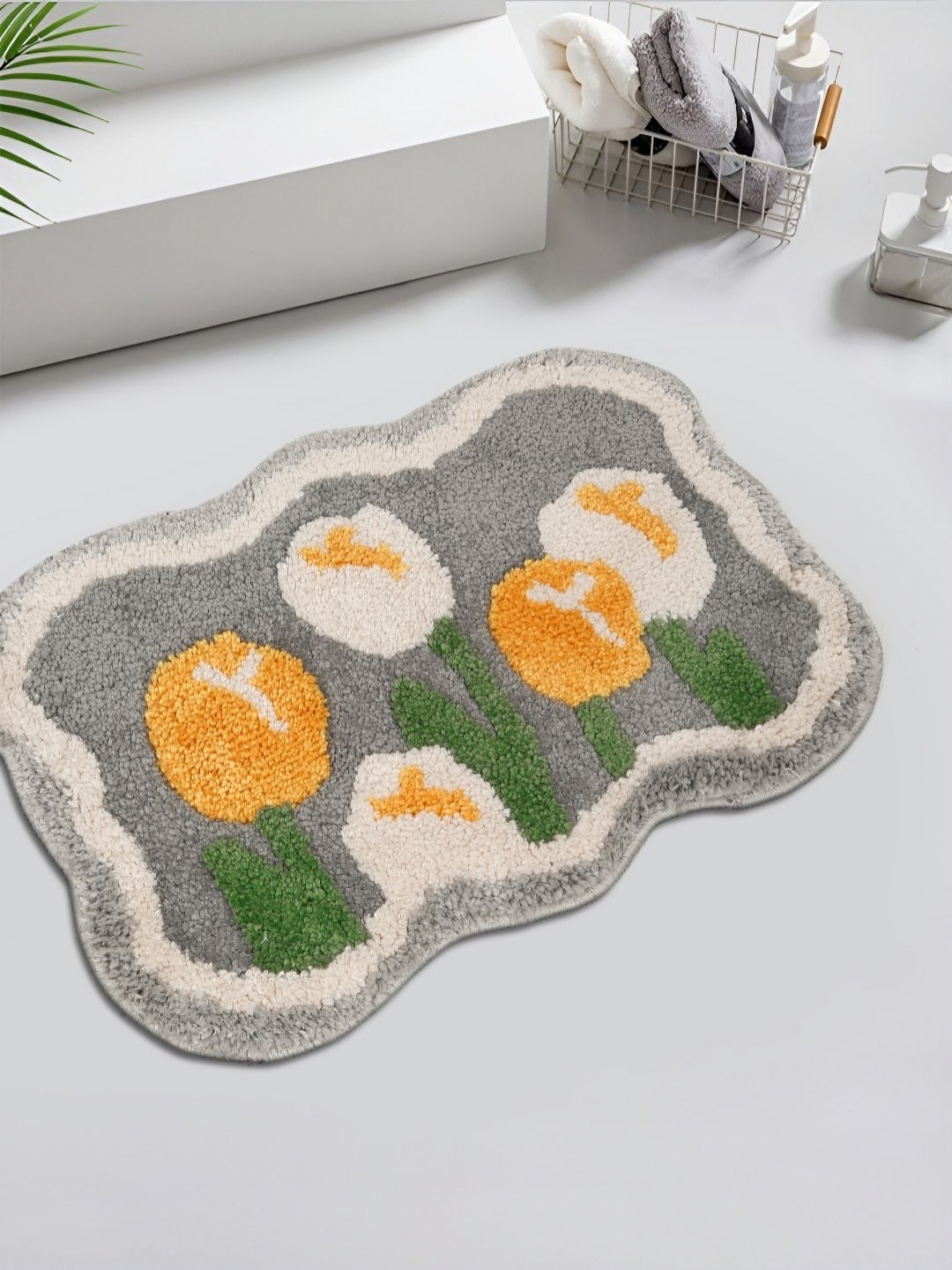 

HOSTA HOMES Grey & White Printed Cotton Fur Anti Skid Bath Rugs