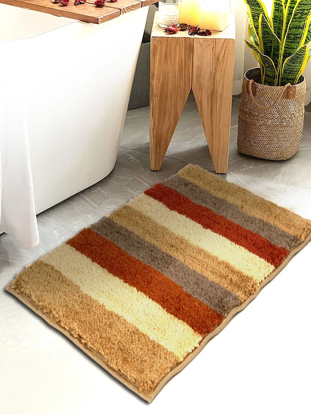 

HOSTA HOMES Brown & Beige Printed Cotton Fur Anti Skid Bath Rugs