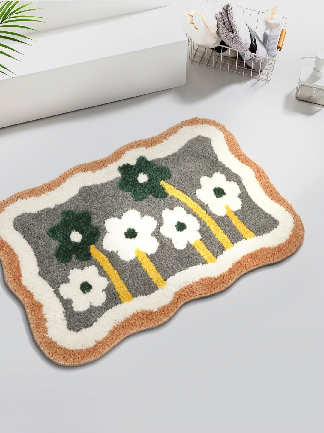 

HOSTA HOMES Grey & Brown Printed Cotton Fur Anti Skid Bath Rugs