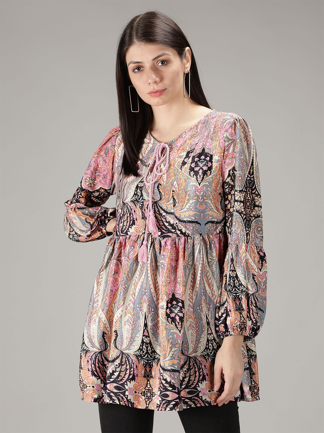 

MINGLAY Printed Polyester Long Sleeves Tunic, Black
