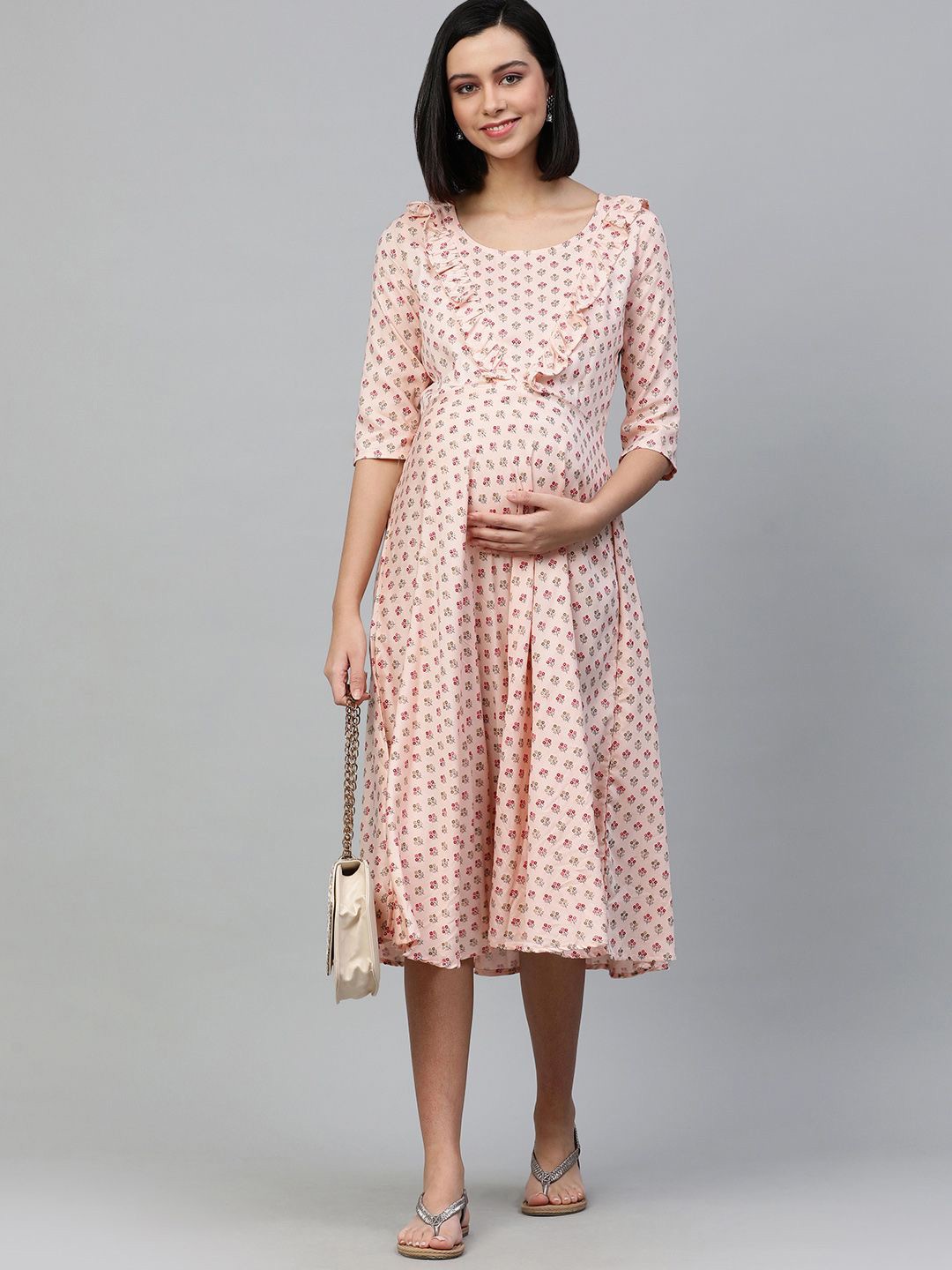 

Swishchick Printed Maternity A-Line Midi Dress, Pink