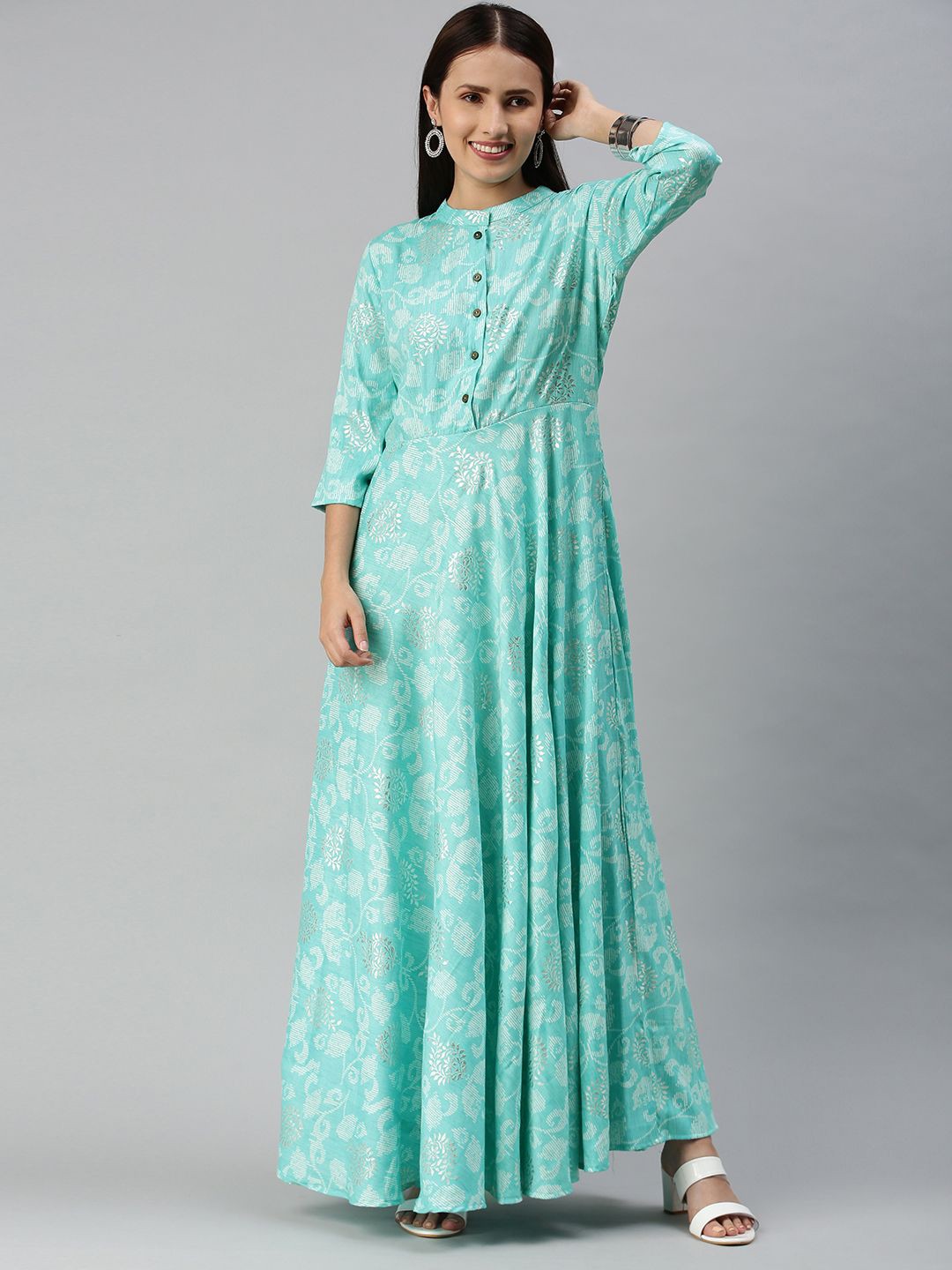 

Swishchick Ethnic Motifs Print Maxi Fit and Flare Dress, Turquoise blue