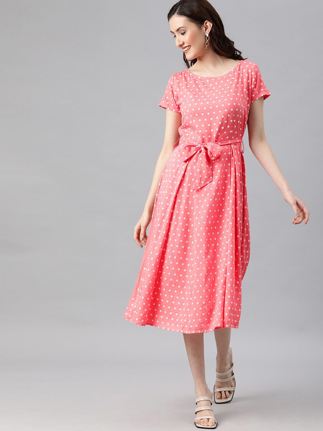 

Swishchick Women Polka Dot Print A-Line Midi Dress, Peach