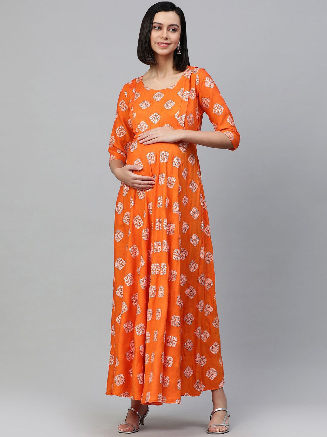 

Swishchick Ethnic Motifs Print Maternity Maxi Dress, Orange