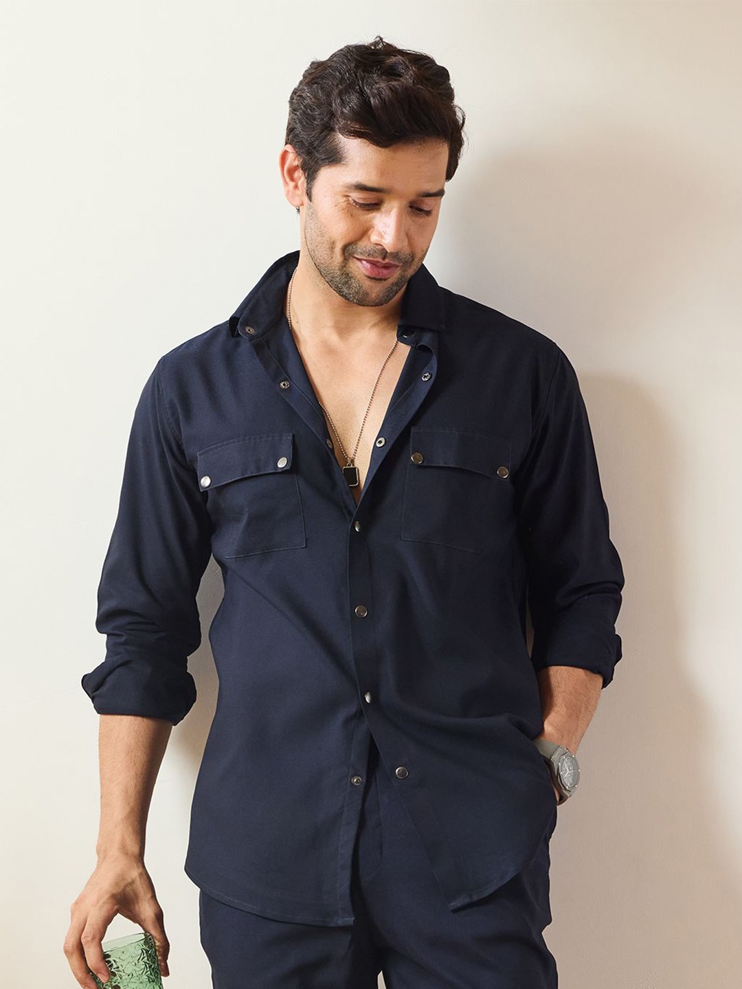 

MR BUTTON Men Opaque Casual Shirt, Navy blue