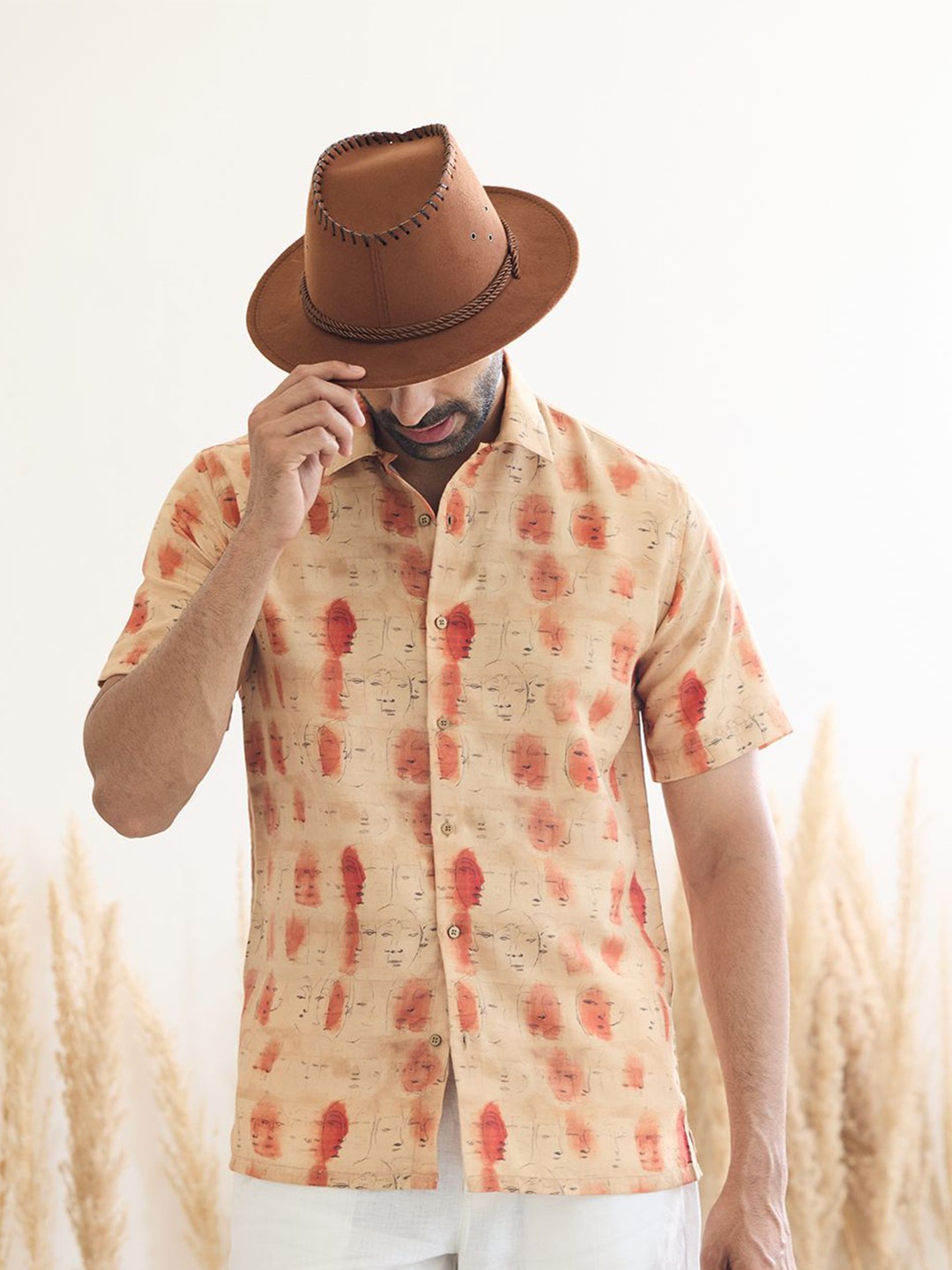 

MR BUTTON Men Conversational Printed Spread Collar Casual Shirt, Orange