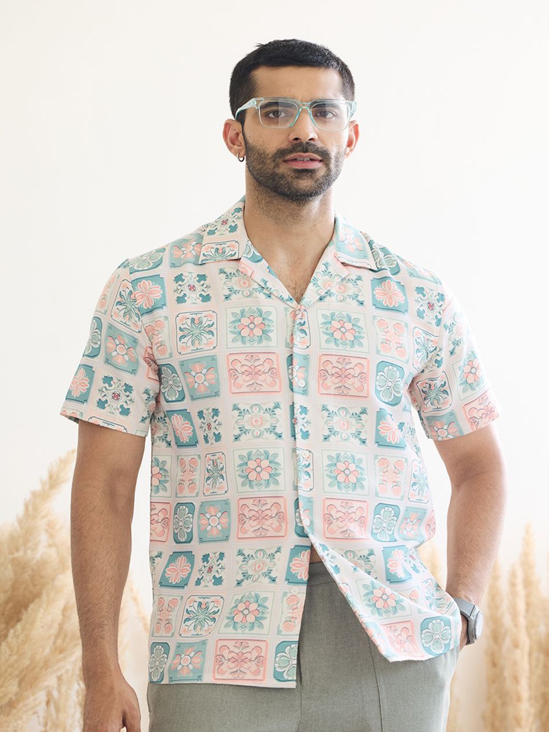 

MR BUTTON Men Floral Printed Cuban Collar Casual Shirt, Beige