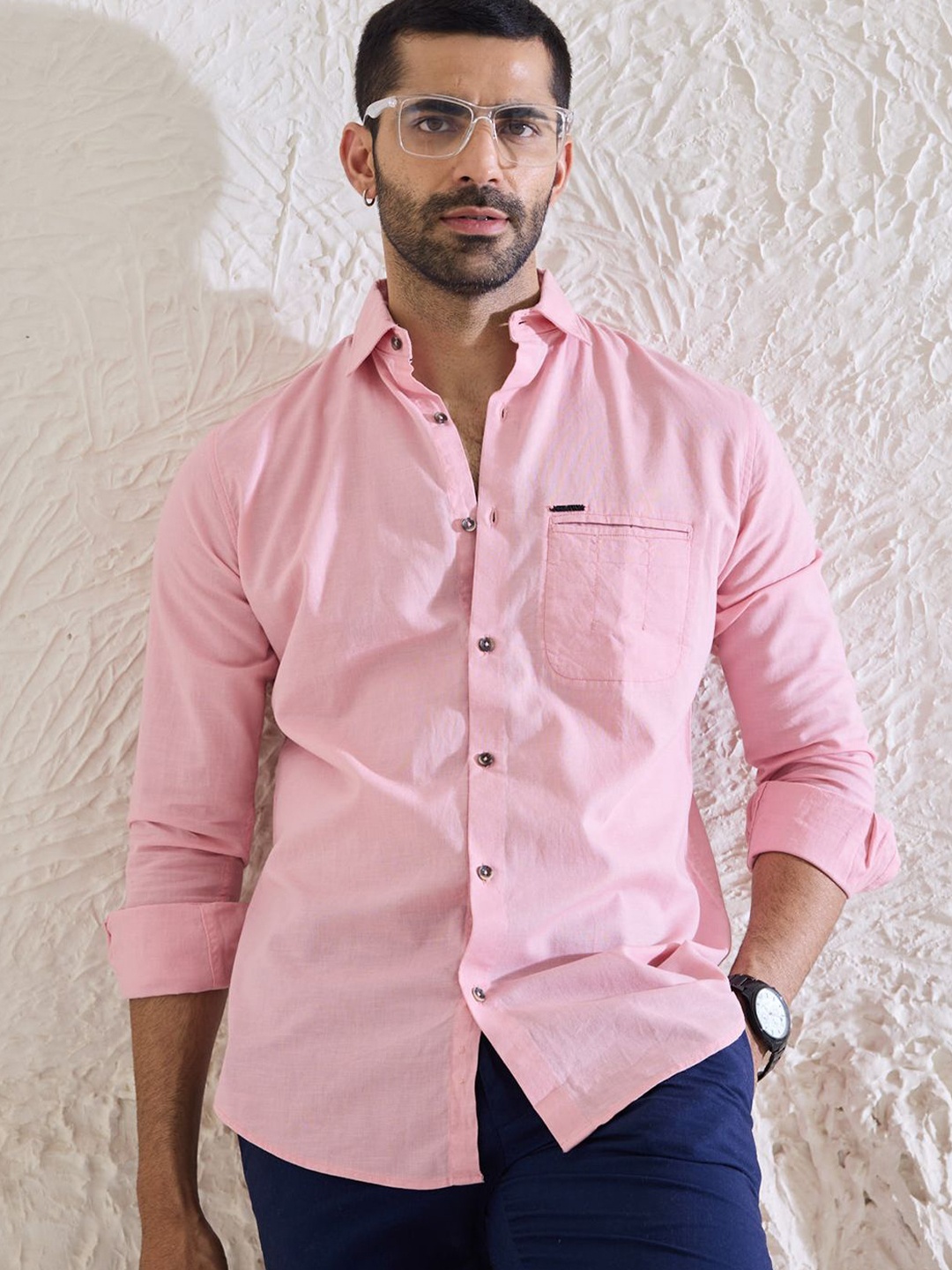 

MR BUTTON Men Slim Fit Spread Collar Solid Casual Shirt, Pink
