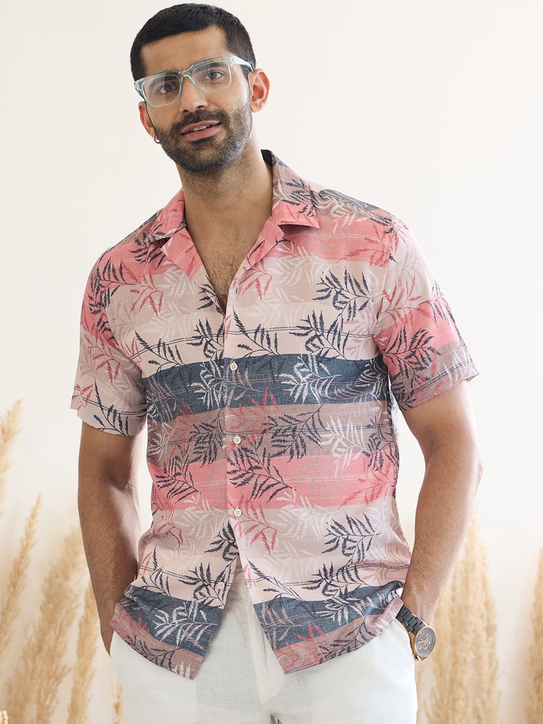 

MR BUTTON Men Floral Printed Cuban Collar Casual Shirt, Peach