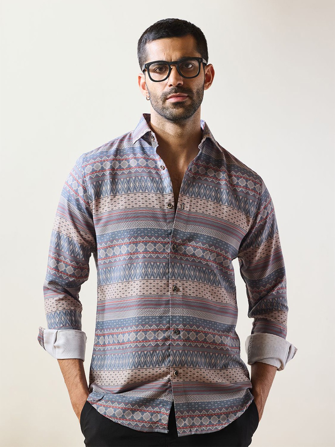 

MR BUTTON Men Ethnic Motifs Printed Spread Collar Formal Shirt, Grey