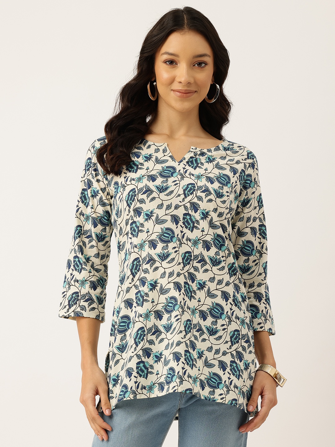 

FERANOID Floral Printed Pure Cotton Kurti, Off white