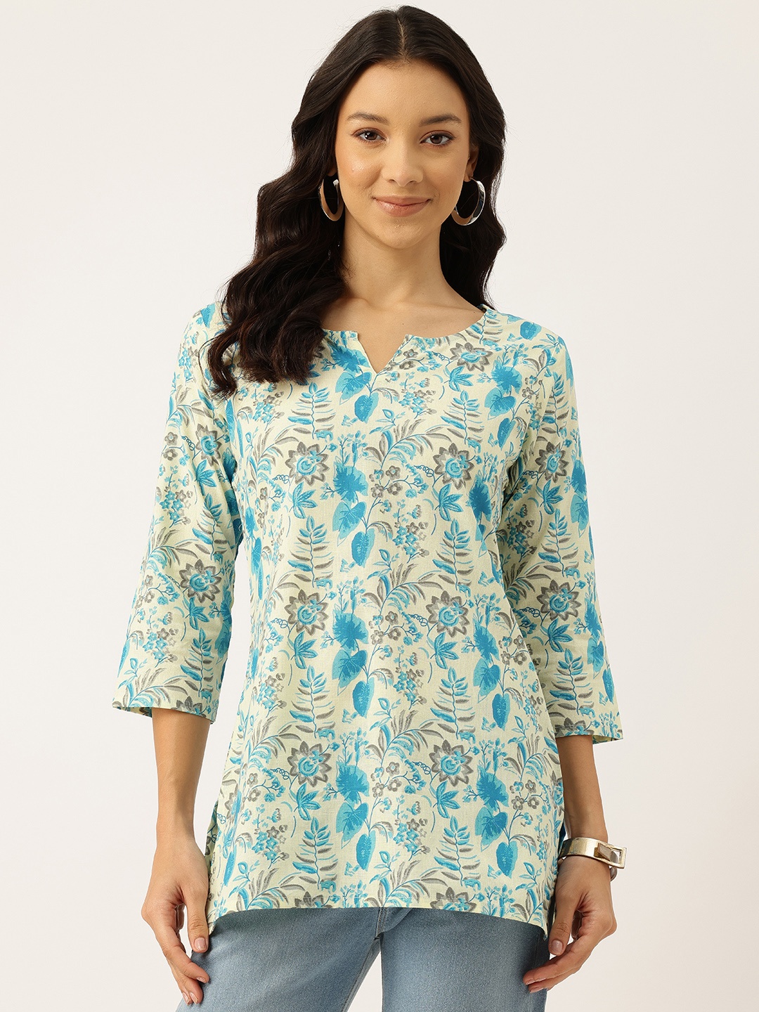 

FERANOID Floral Printed Pure Cotton Kurti, Cream