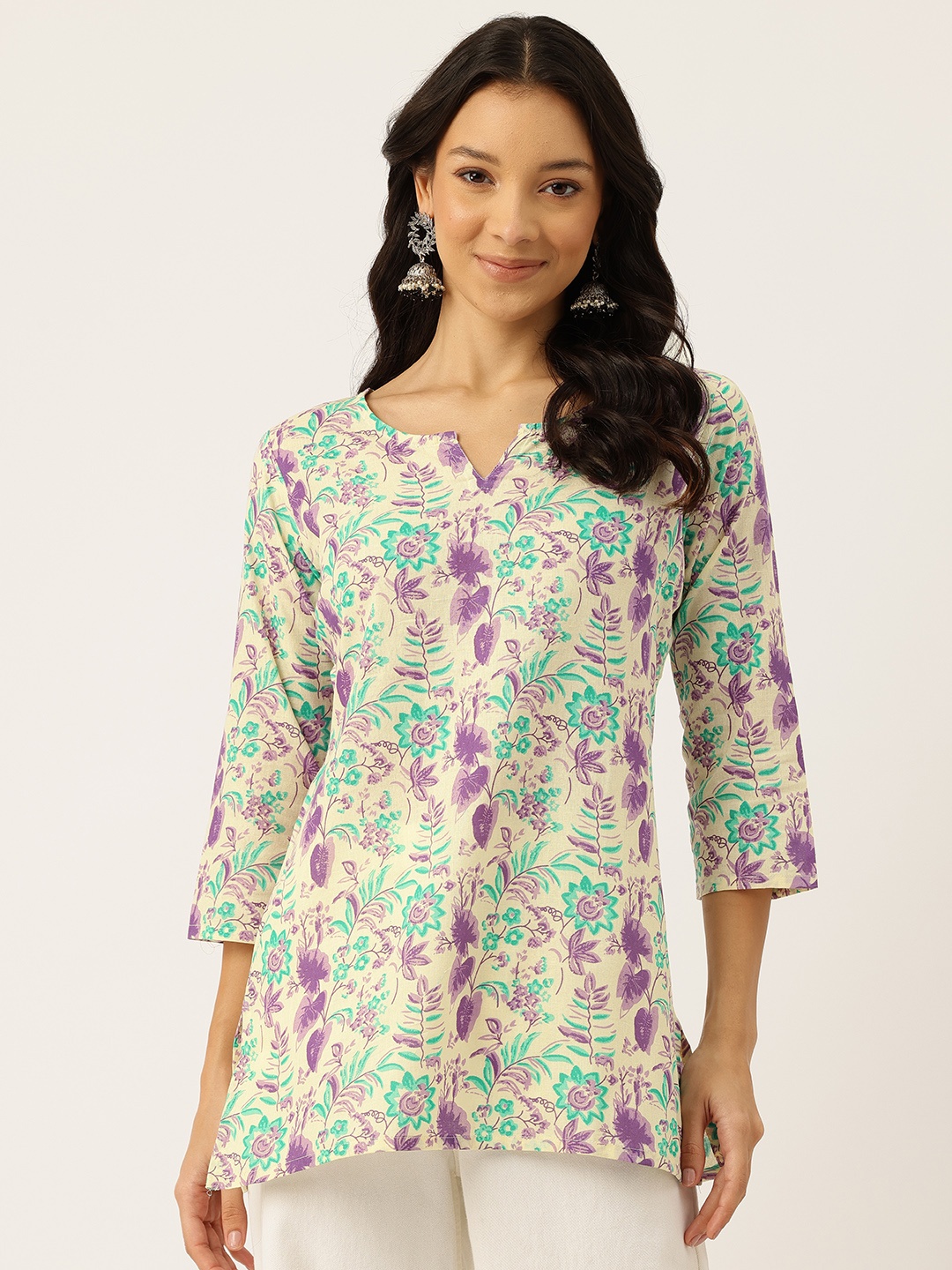 

FERANOID Floral Printed Pure Cotton Kurti, Cream