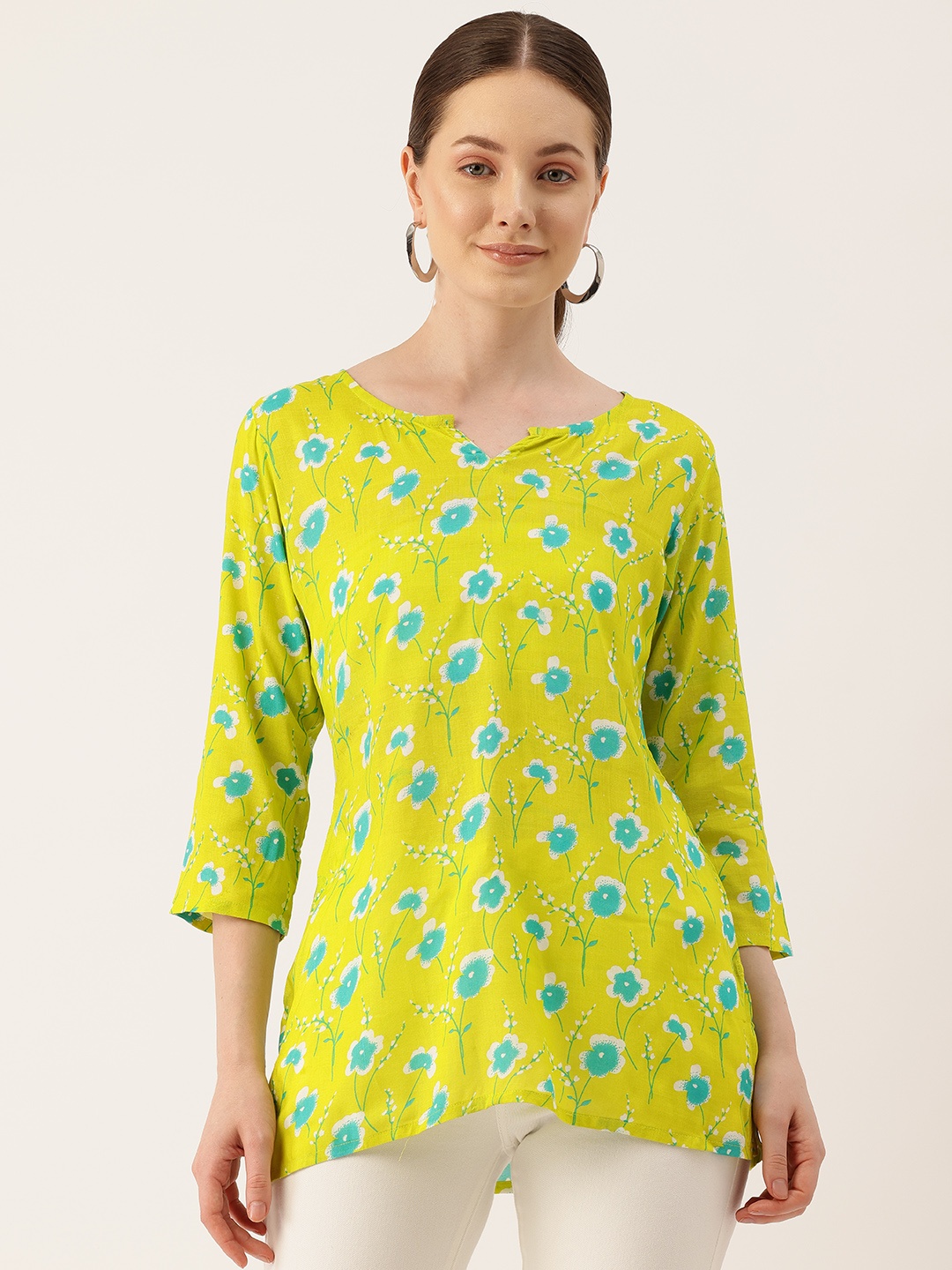 

FERANOID Floral Printed Pure Cotton Kurti, Green