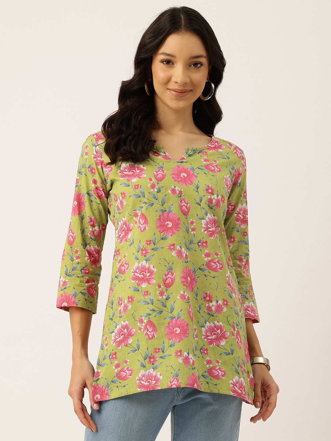 

FERANOID Floral Printed Pure Cotton Kurti, Green