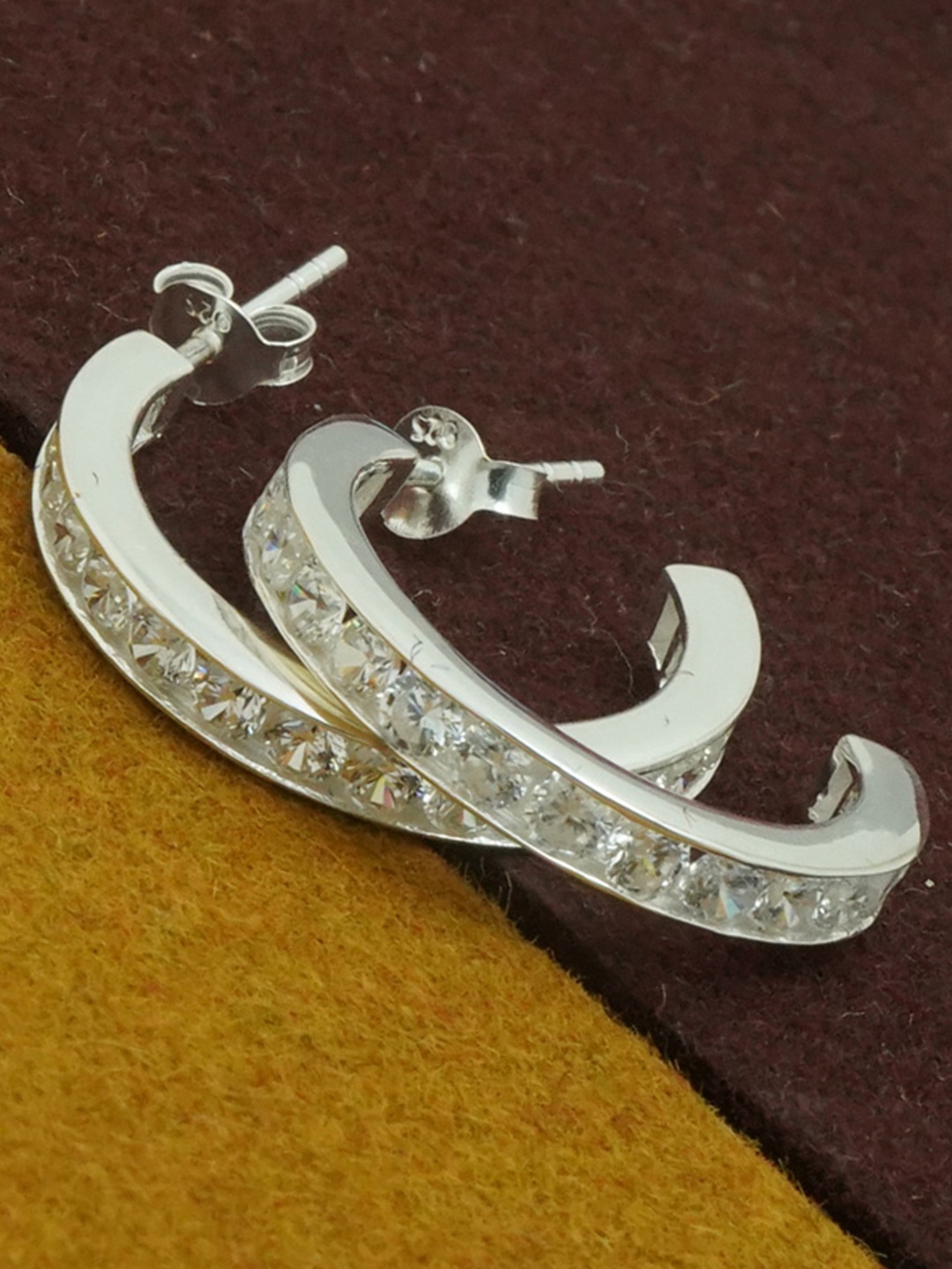 

925 SILLER 925 Sterling Silver Stone Studded Half Hoop Earrings