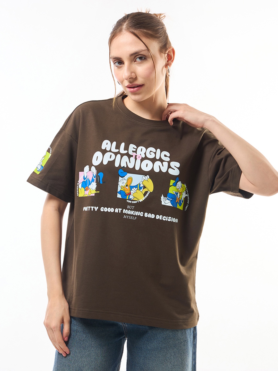 

Bewakoof Heavy Duty 1.0 Women Brown Allergic To Opinion Graphic Printed Oversized T-shirt